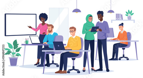 Office workers collaborate on business projects in a modern workspace setting