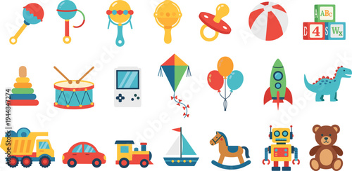 Kids toys icon set, colorful baby toy collection with rattle drum blocks rocket car robot vector illustration