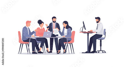 Business professionals collaborating on project with laptops in meeting room setting