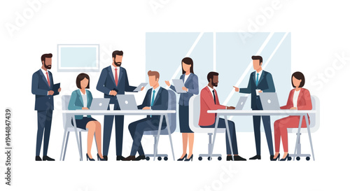 Business professionals meeting around a conference table with laptops