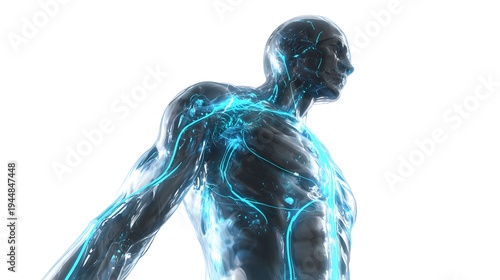 Abstract Human Body Network of Glowing Blue Veins and Arteries.