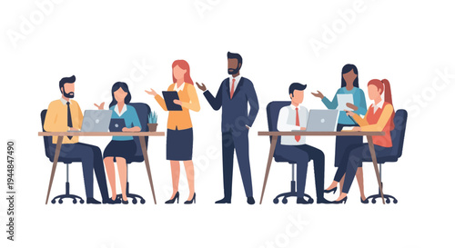 Office workers collaborate on project with laptops around a table