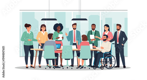 A diverse group of business colleagues collaborates in an office meeting with a wheelchair user