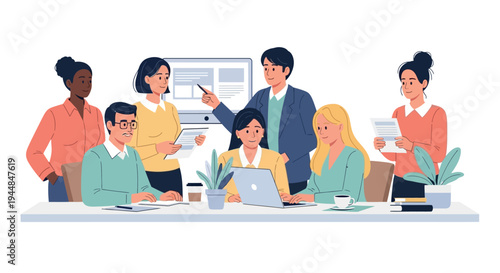 A diverse group of business professionals collaborating on a project in a modern office setting with laptops and documents.