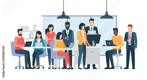 Business professionals collaborate in office setting with computers and laptops