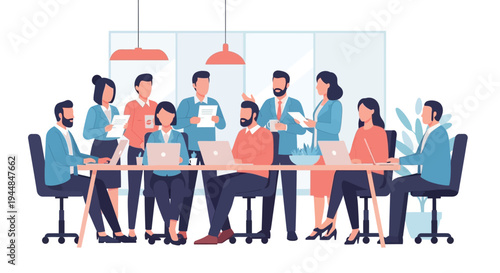 A group of business professionals collaborating on laptops in a modern office setting