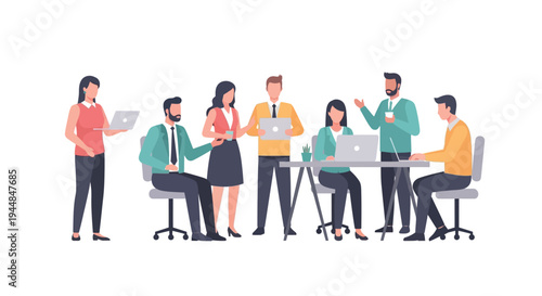 A group of diverse people discussing and working on laptops around a table indoors