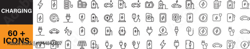 Charging web icons in line style. Charging, charging station, battery, electricity, wireless charging, electric car, collection. Outline icon in linear style