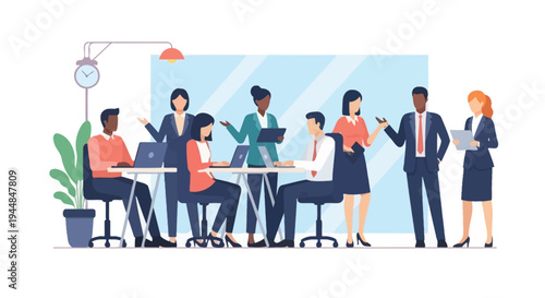 Business professionals collaborate in office setting with laptops and documents