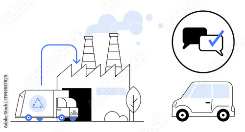 Recycling truck enters factory, smoke-emitting chimneys, eco-friendly car, speech bubble with checkmark. Ideal for sustainability, recycling, environment, logistics, waste management circular