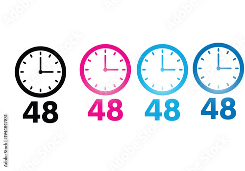 Set of clock icons with the number 48, representing time, deadlines, or specific timeframes, forty eight