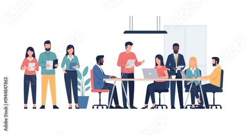 Office workers collaborating on a project with laptops and tablets