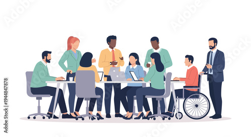 Diverse business team collaborates on project with laptop and notes in meeting room