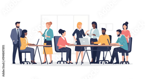 Business professionals collaborate around a conference table with laptops and documents in a modern office setting.