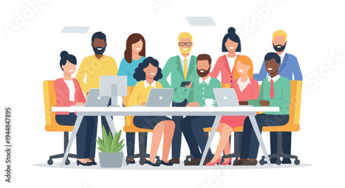 A diverse group of business professionals gathered around a conference table with laptops
