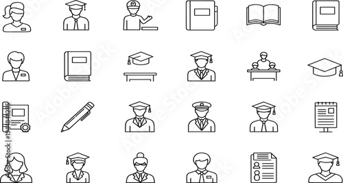 Graduates and students icons with education symbols and learning tools