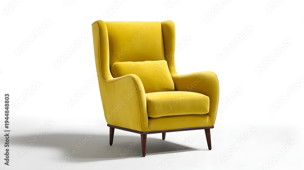 Fototapeta premium Elegant Yellow Wingback Armchair with Accent Pillow on White Background.