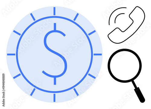 Financial communication. Dollar symbol, phone, and magnifying glass financial transactions, communication, and search. Financial planning and analysis. Perfect for banking, business marketing