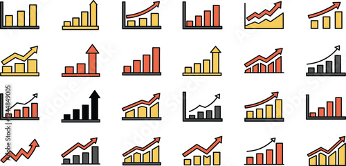 A collection of various colorful business and finance icons display graphs, charts, and statistics