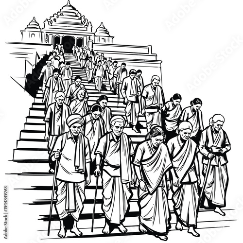 Pilgrims descending stairs of ancient temple with devotion in traditional indian clothing