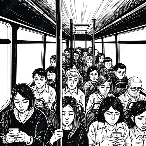 Commuters sitting on crowded public bus with sad expressions using smartphones on journey