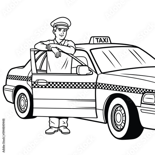Happy taxi driver smiling and leaning on open car door of taxi cab cartoon mascot