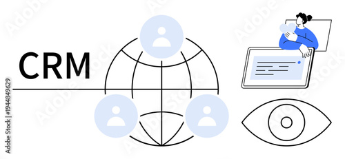 CRM concept. CRM highlighted with a globe user profiles and elements of digital interaction. CRM tools supporting data management, communication, and audience insight. For business, marketing