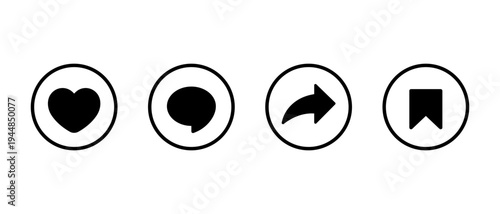 Like, comment, share, and save icon in circular outline. Heart, speech bubble, repost, and bookmark symbol