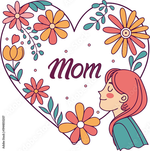 Mother's Day Greeting Card with Heart Floral Frame and Cute Woman Character
