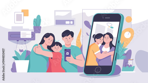 Family taking a selfie on a phone with indoor plants and abstract decor, mobile technology