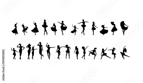 A collection of black silhouettes of women dancing in various poses on a white background