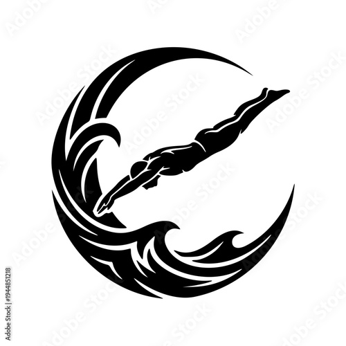 Diver Jumping into Ocean Waves Silhouette Extreme Water Sport Illustration