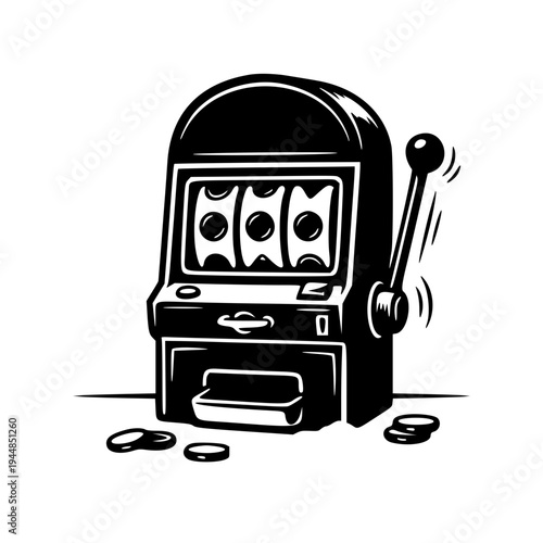 Vintage Slot Machine with Lever and Coins Casino Gambling Black and White Illustration