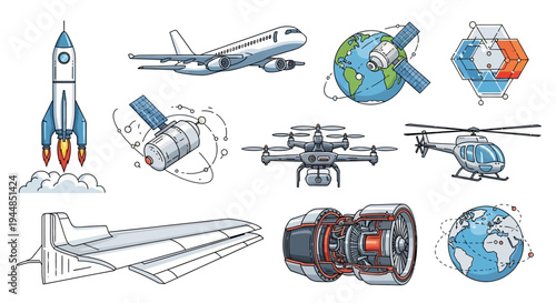 Set of hand-drawn aerospace and transport illustrations including rockets, airplanes, satellites, drones, and helicopters.