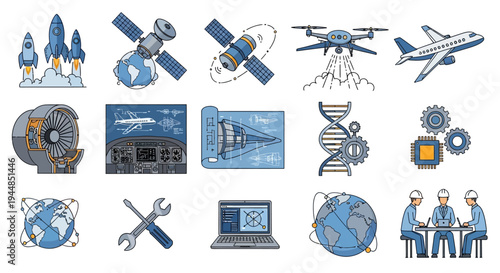 A comprehensive set of vector icons representing aerospace engineering, space exploration, technology, and scientific research and development.