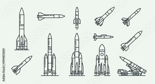 A collection of various line art illustrations depicting different types of rockets and missiles, including space launch vehicles and military armaments.