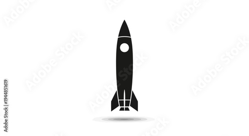 A black silhouette icon of a rocket with a white window, casting a shadow on a white background, symbolizing space travel and exploration.