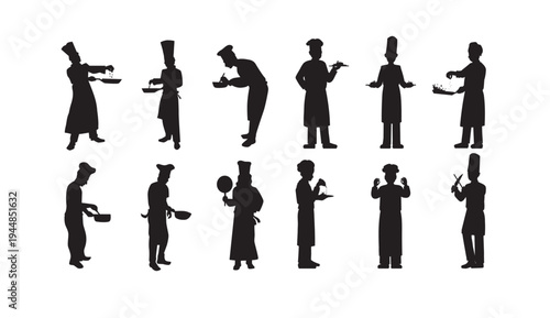 A collection of black silhouettes of chefs in various poses on a white background