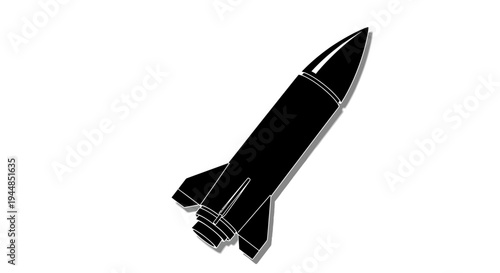 Simple black silhouette of a rocket with fins, angled upwards, against a white background.