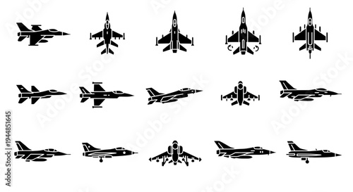 A collection of black and white vector silhouettes depicting various military fighter jets from multiple perspectives.