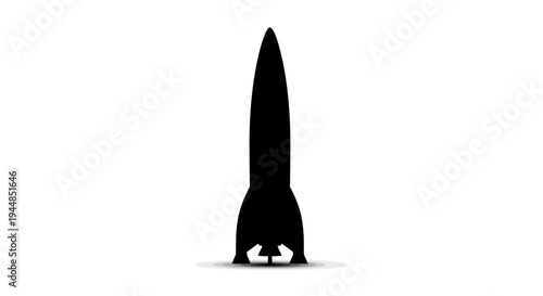 Black silhouette of a rocket standing vertically on a white background, showcasing its sleek design and pointed nose cone with fins.