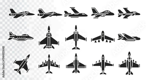 Collection of various airplane silhouettes in different views, including commercial, private, and military jets, depicted as black vector icons.