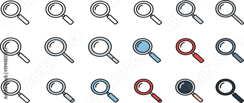 Magnifying glasses in various colors and styles are arranged neatly.