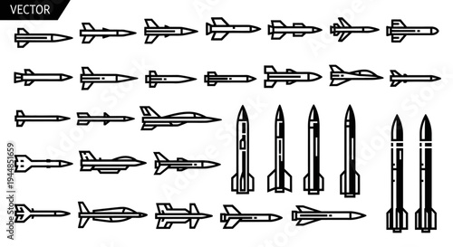 Vector illustration set of various military missiles, rockets, and aircraft weapons, depicted in black and white line art style for defense and combat themes.