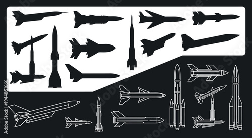Collection of various military aircraft, rockets, and missiles depicted in both silhouette and detailed outline forms.