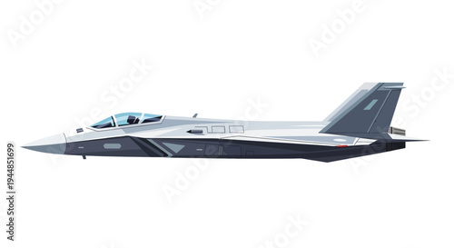 Side profile illustration of a modern stealth fighter jet in grey and white colors, showcasing its sleek design and advanced aerodynamic features.