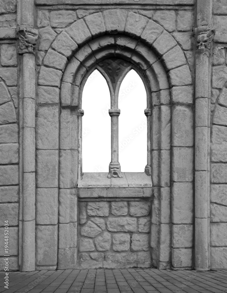 Fototapeta premium grey gray ancient gothic stone window frame with ornate carvings and closed window frame background exterior front view of arched Window tiled floor flooring Mock up mockup template blank Mock-up