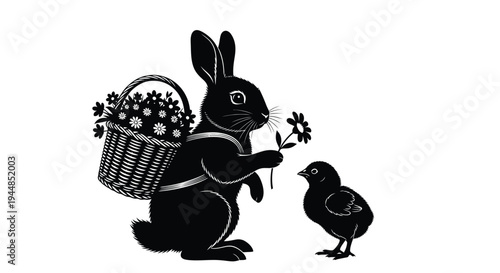 Bunny holds a small flower offering to a small chick.