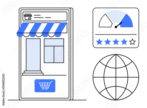E-commerce concept. E-commerce with an online storefront, customer ratings, and a global network. E-commerce supports global shopping, online businesses, and digital marketing. retail, online