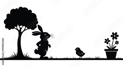 Rabbit and chick meet near a potted plant silhouette.